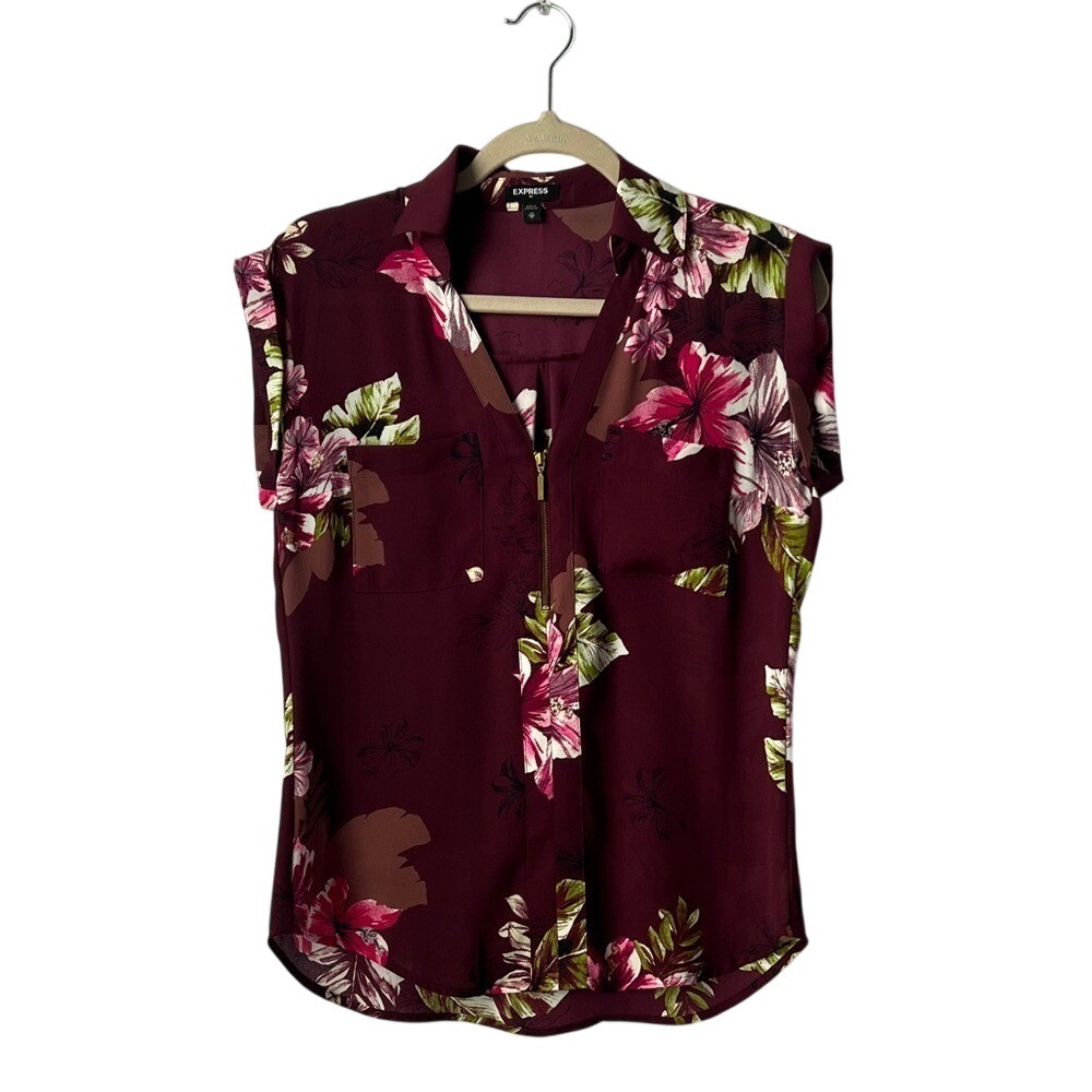 Express Burgundy Semi-sheer Floral Zip-Front Blouse Short Sleeve XS